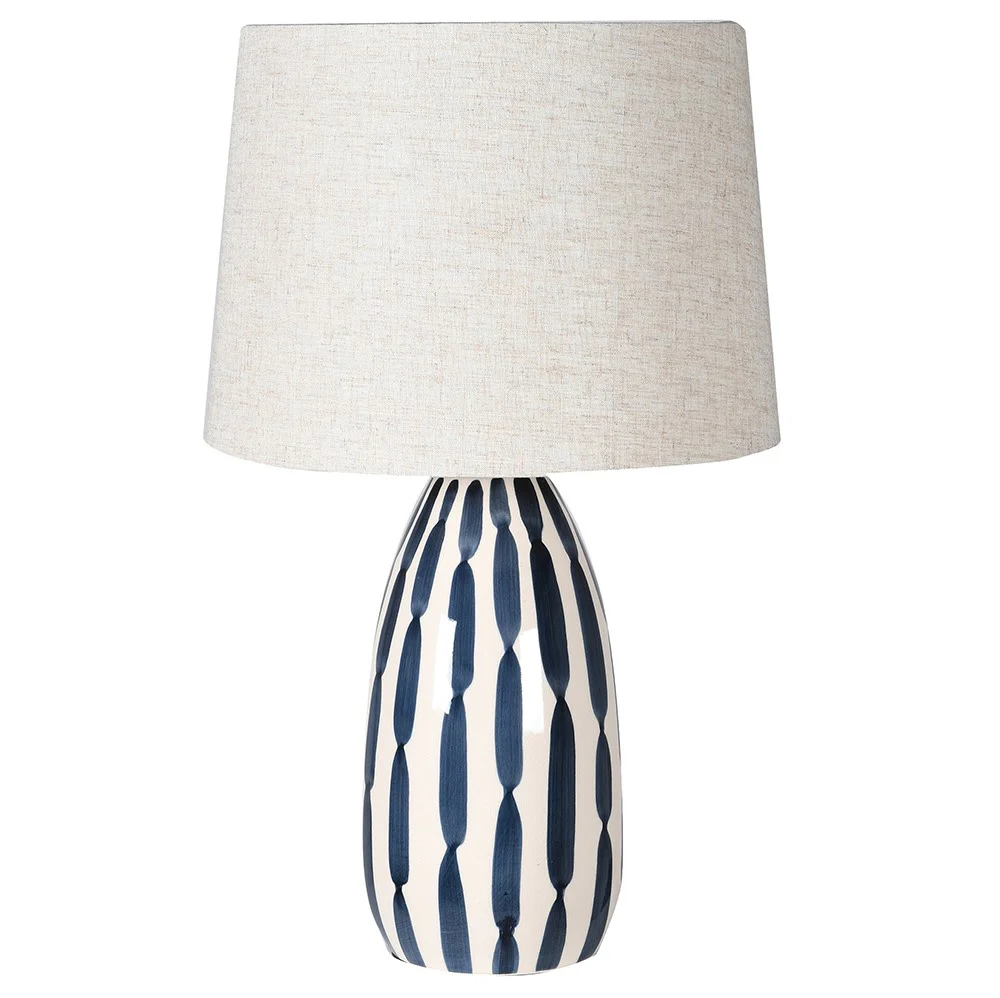 Indigo and Cream Hand Painted Table Lamp with Linen Shade