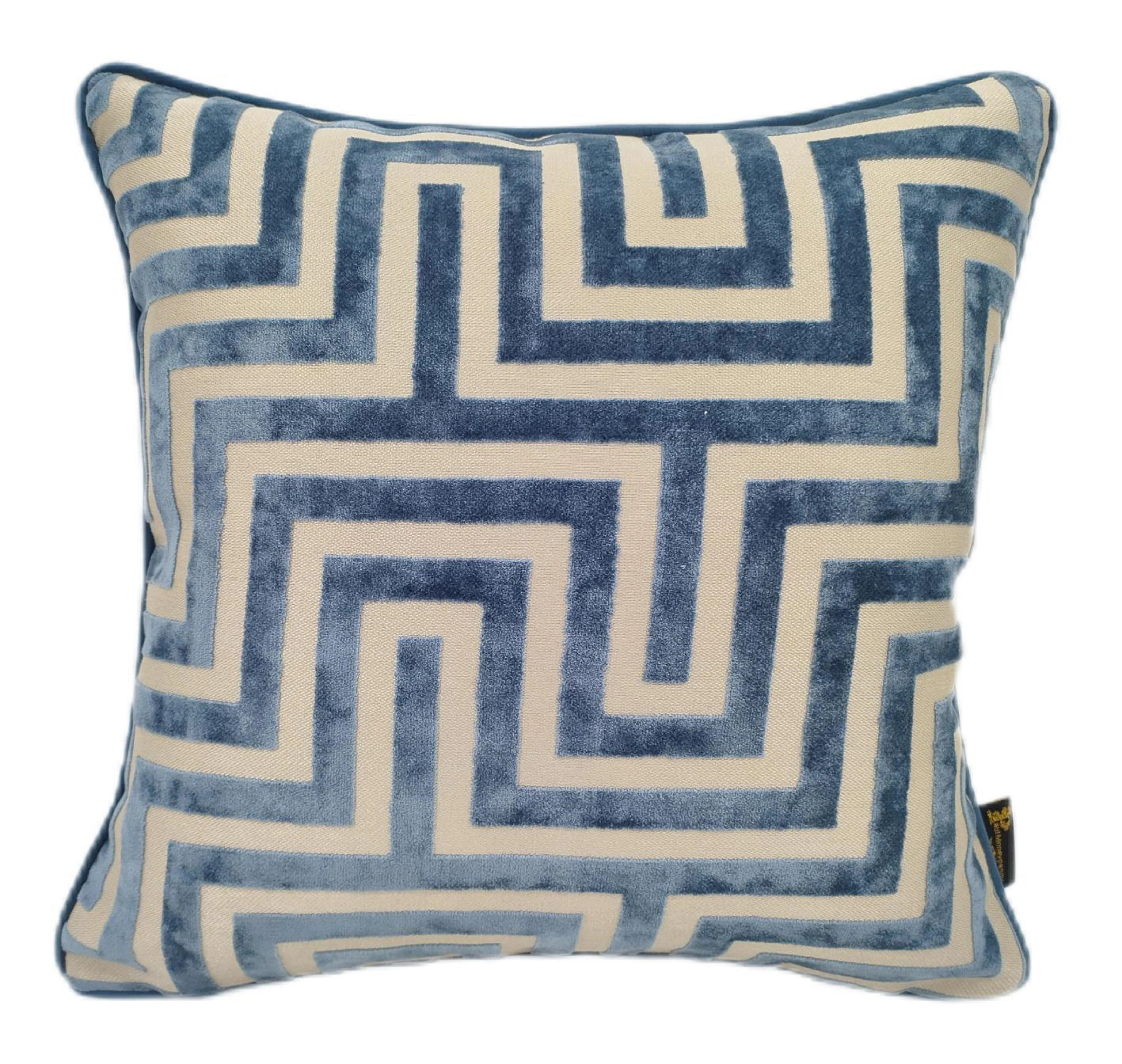 Maze Cut Velvet Blue Cushion