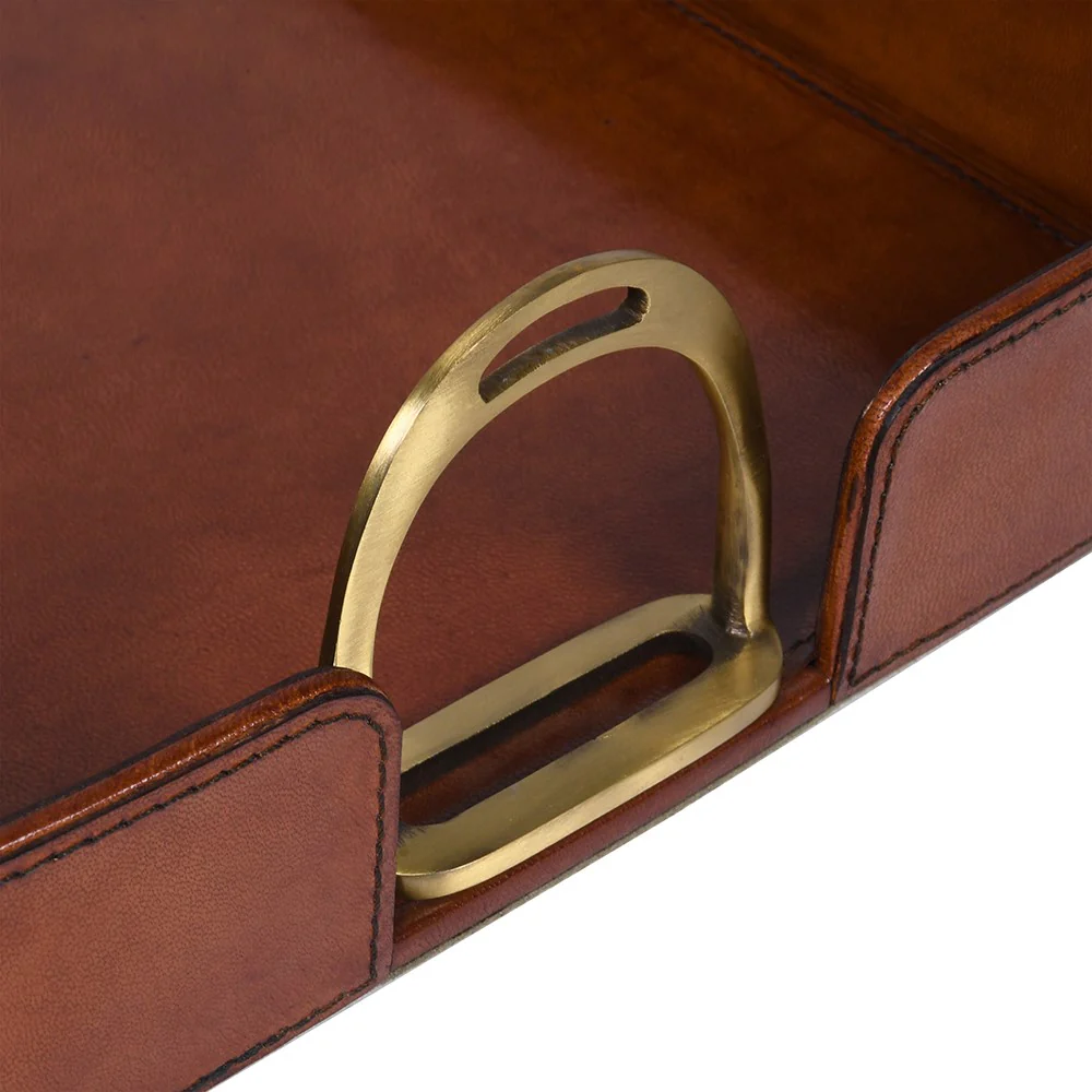 Rectangular Leather Tray with Stirrup Handles - Image 2